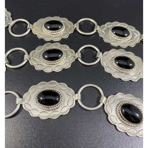 Native American Navajo JF Sterling Silver Black Onyx Belt Vtg Heavy Signed - Picture 6 of 12